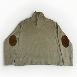 Polo Ralph Lauren Sweater Mens 2XL Green Cotton Shawl Collar Elbow Patch Knit
